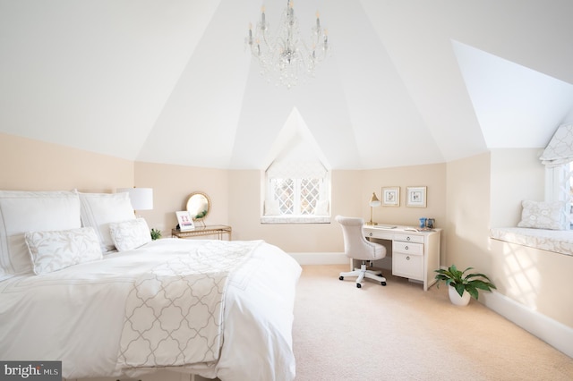 bedroom featuring light carpet, an inviting chandelier, vaulted ceiling, and multiple windows