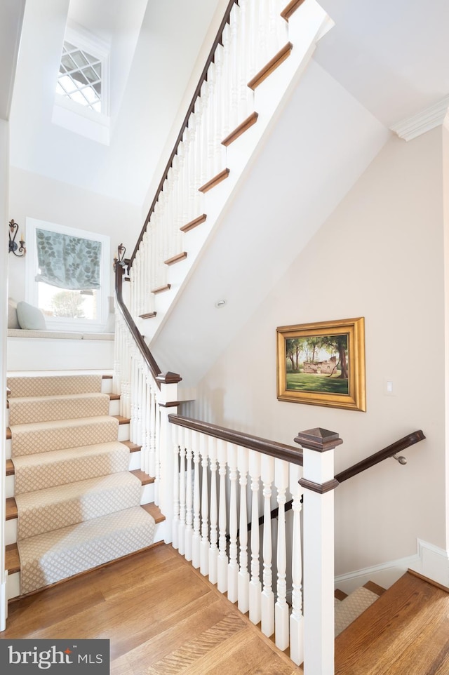 stairway featuring high vaulted ceiling and wood-type flooring