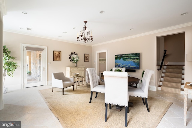 tiled dining space with a chandelier and ornamental molding