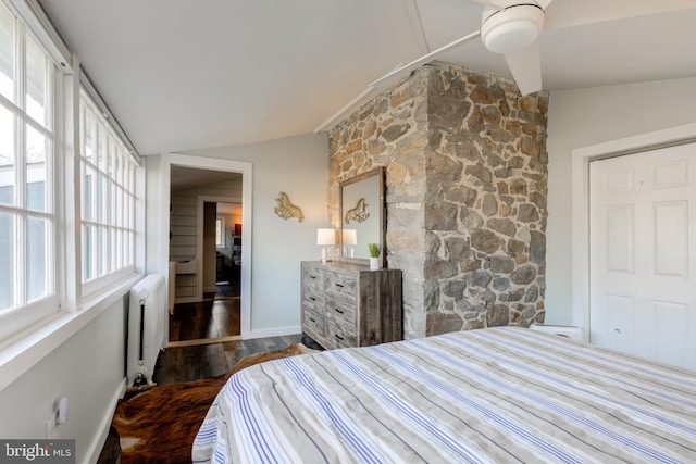 bedroom featuring multiple windows, dark hardwood / wood-style flooring, lofted ceiling, and radiator