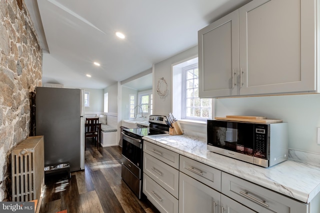 kitchen featuring radiator, dark hardwood / wood-style flooring, gray cabinetry, and appliances with stainless steel finishes