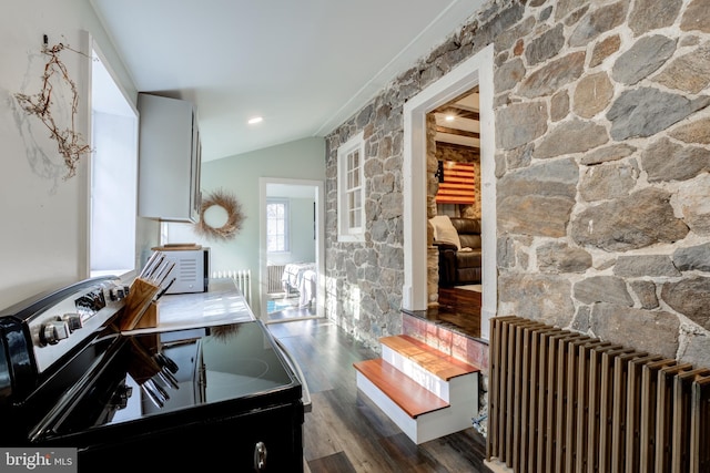 kitchen featuring radiator heating unit, electric range, vaulted ceiling, and dark wood-type flooring