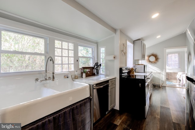 kitchen with radiator heating unit, sink, stainless steel appliances, dark hardwood / wood-style flooring, and lofted ceiling