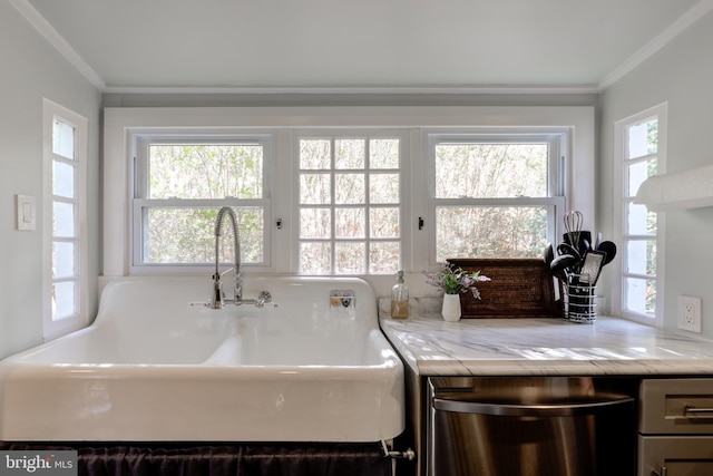 kitchen with a healthy amount of sunlight, ornamental molding, and sink