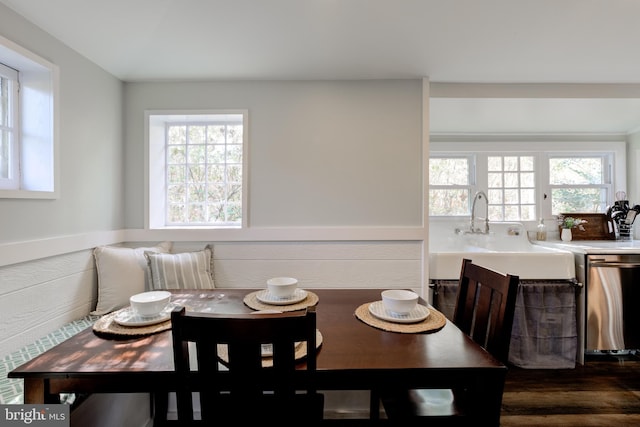 dining room featuring dark hardwood / wood-style floors, a healthy amount of sunlight, and sink