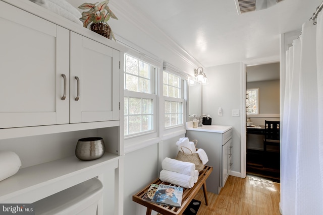 bathroom featuring vanity and hardwood / wood-style flooring