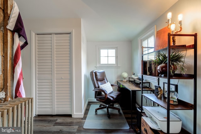 office space featuring radiator heating unit, dark wood-type flooring, and vaulted ceiling