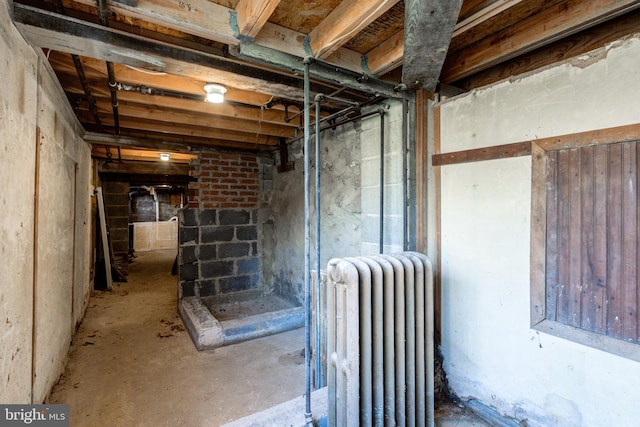 basement with radiator heating unit