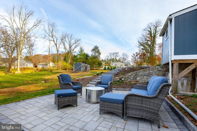 view of patio with a shed