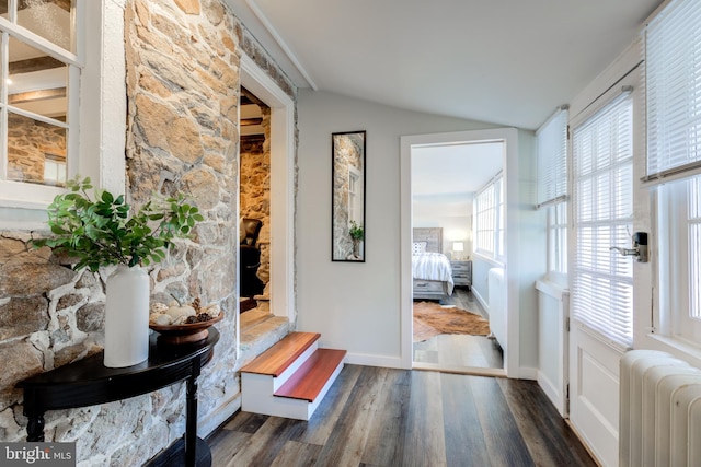 corridor featuring dark hardwood / wood-style flooring, radiator heating unit, and vaulted ceiling