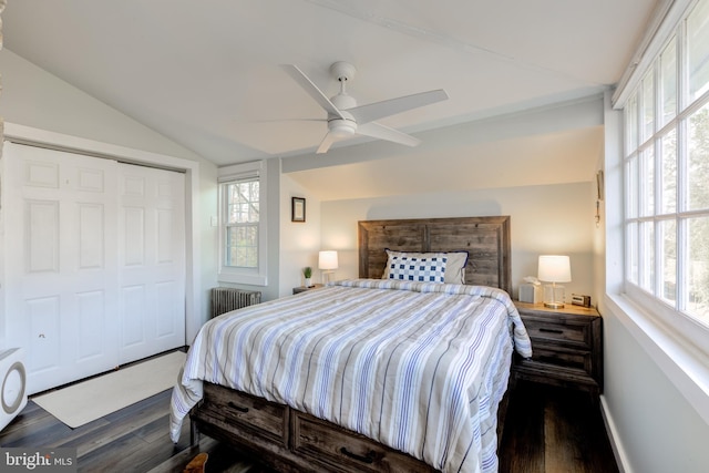 bedroom featuring ceiling fan, radiator heating unit, dark wood-type flooring, lofted ceiling, and a closet