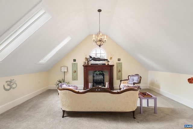 interior space with light colored carpet, a notable chandelier, and vaulted ceiling with skylight