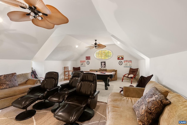 cinema with ceiling fan, light carpet, and lofted ceiling