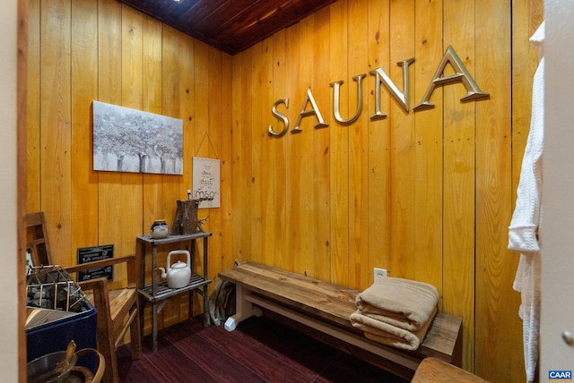 miscellaneous room with wooden walls, wooden ceiling, and dark hardwood / wood-style floors