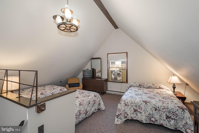 bedroom featuring carpet, vaulted ceiling, and baseboard heating