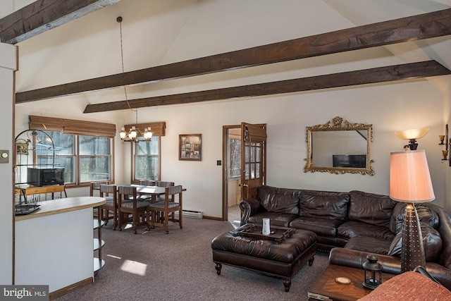 carpeted living room featuring a notable chandelier and vaulted ceiling with beams