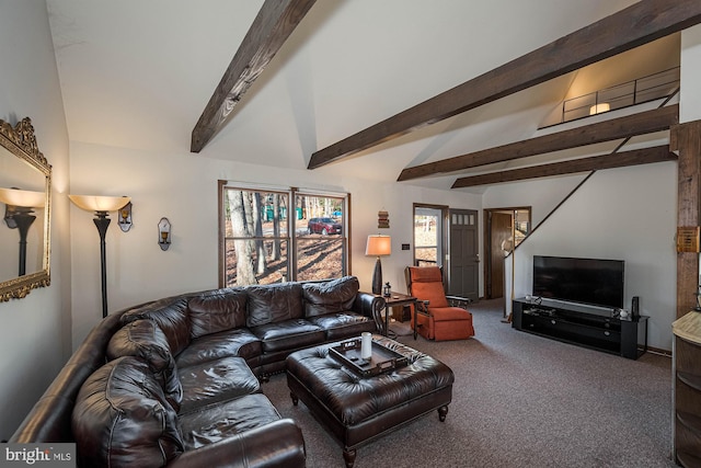 living room with beam ceiling and carpet floors