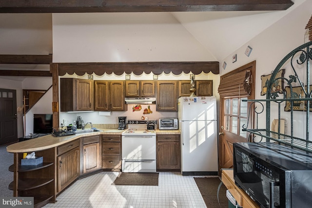 kitchen featuring vaulted ceiling with beams, sink, and white appliances