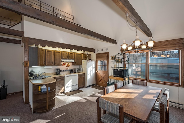 carpeted dining area with a chandelier, sink, and lofted ceiling with beams