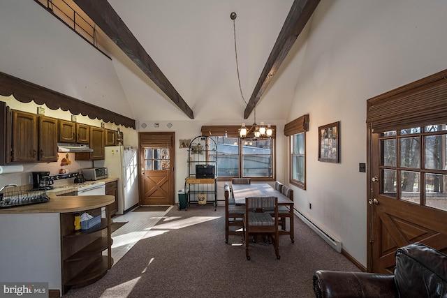 dining space with beamed ceiling, a healthy amount of sunlight, a baseboard radiator, and light colored carpet