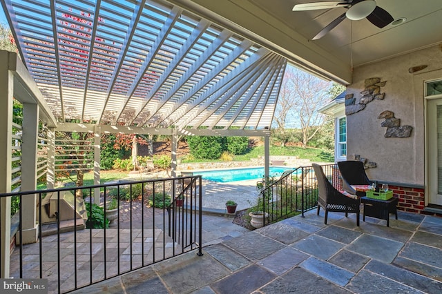 17061 Spring Creek Ln, Leesburg, VA 20176 - view of patio with a ceiling fan, a pergola, and an outdoor pool