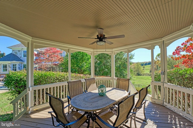 17061 Spring Creek Ln, Leesburg, VA 20176 - wooden deck featuring a ceiling fan and outdoor dining area