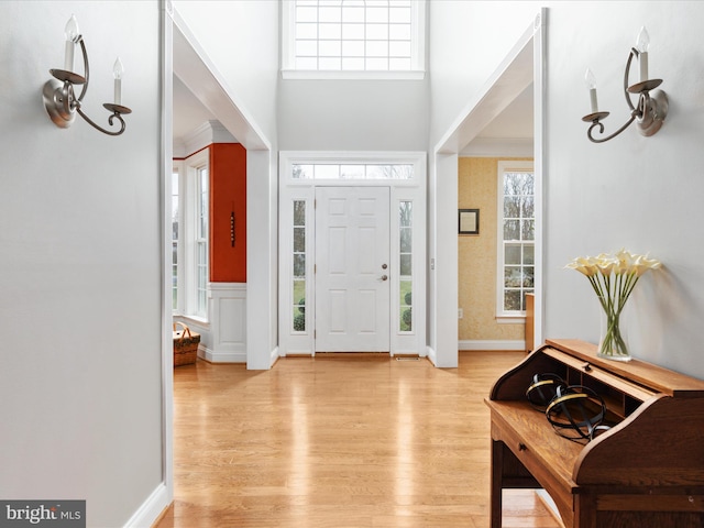 entrance foyer featuring light hardwood / wood-style flooring and a towering ceiling