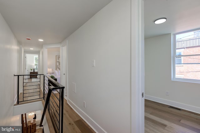 hallway with wood-type flooring and a healthy amount of sunlight