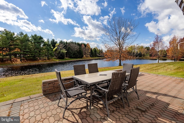 view of patio with a water view