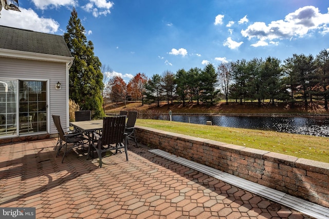 view of patio / terrace with a water view