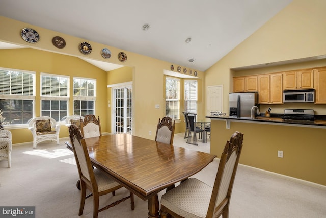 carpeted dining area with lofted ceiling and sink