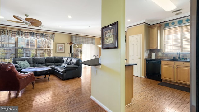 living room with a wealth of natural light and light hardwood / wood-style floors