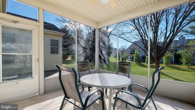 sunroom / solarium with ceiling fan and wood ceiling