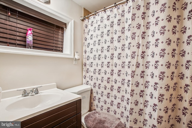 bathroom with vanity, toilet, and a shower with curtain