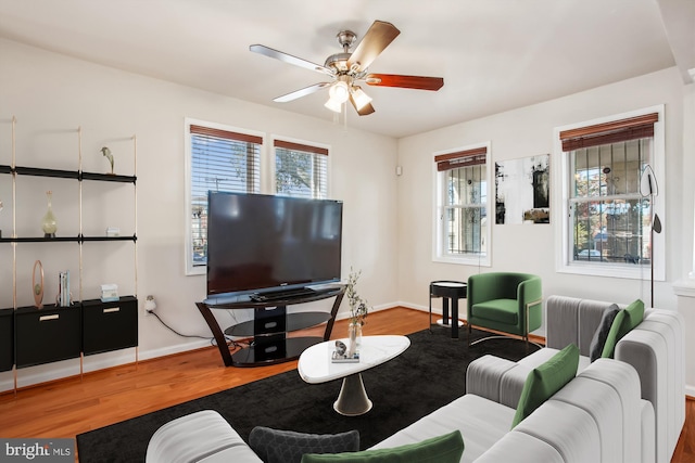 living room with wood-type flooring and ceiling fan