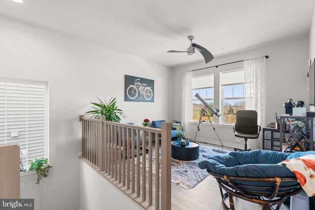 interior space featuring ceiling fan and light wood-type flooring