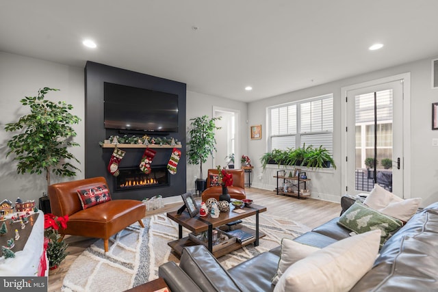 living room with a large fireplace and light wood-type flooring