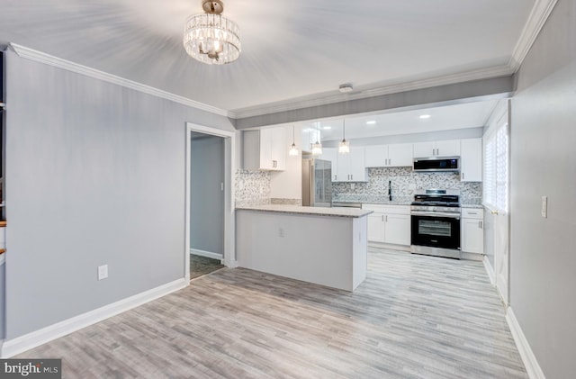 kitchen with kitchen peninsula, white cabinetry, light hardwood / wood-style floors, and appliances with stainless steel finishes