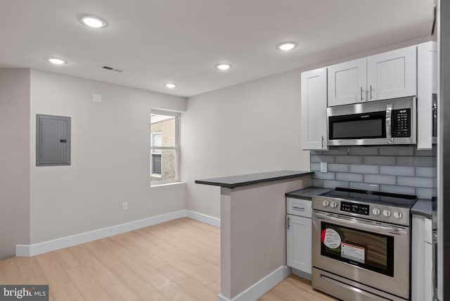 kitchen with backsplash, electric panel, white cabinets, light wood-type flooring, and appliances with stainless steel finishes