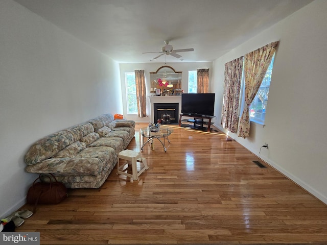 living room with ceiling fan and hardwood / wood-style flooring