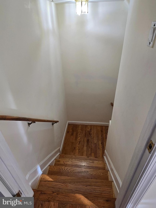 stairs featuring hardwood / wood-style flooring