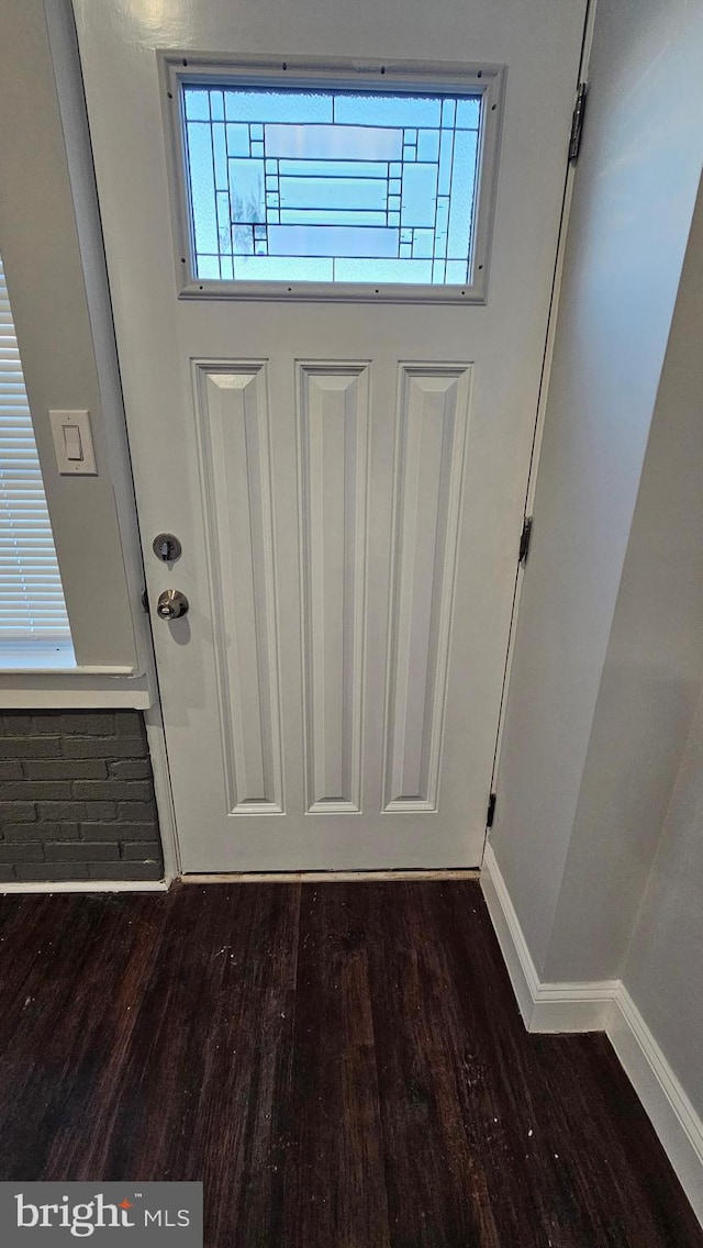 doorway with a wealth of natural light and dark hardwood / wood-style floors