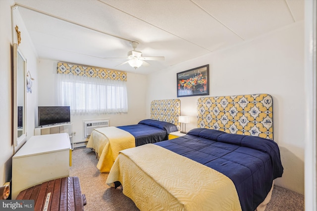 carpeted bedroom featuring a wall mounted AC and ceiling fan