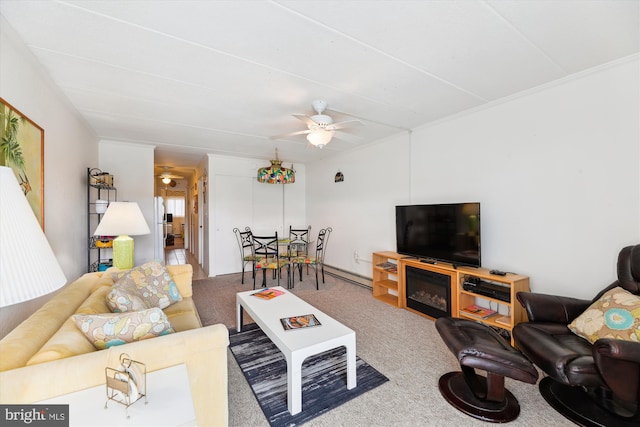 living room with ceiling fan, a baseboard heating unit, and carpet