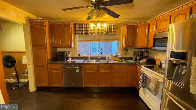 kitchen featuring sink, ceiling fan with notable chandelier, and appliances with stainless steel finishes