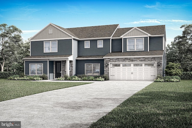 view of front of house with board and batten siding, a front yard, and stone siding