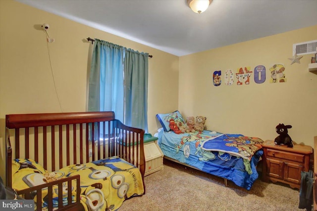 bedroom with light colored carpet