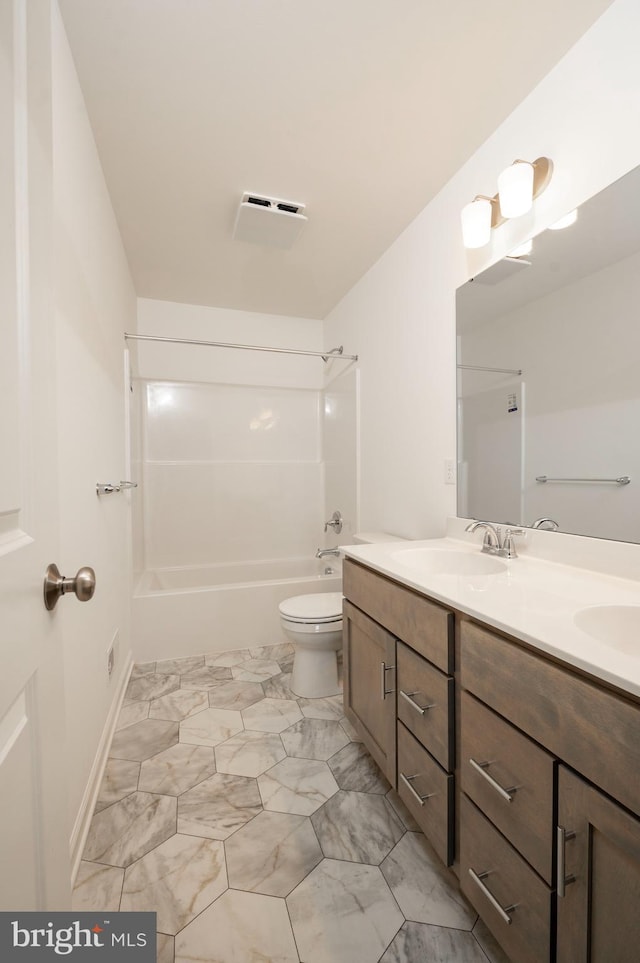 full bathroom with vanity, shower / bathtub combination, and toilet