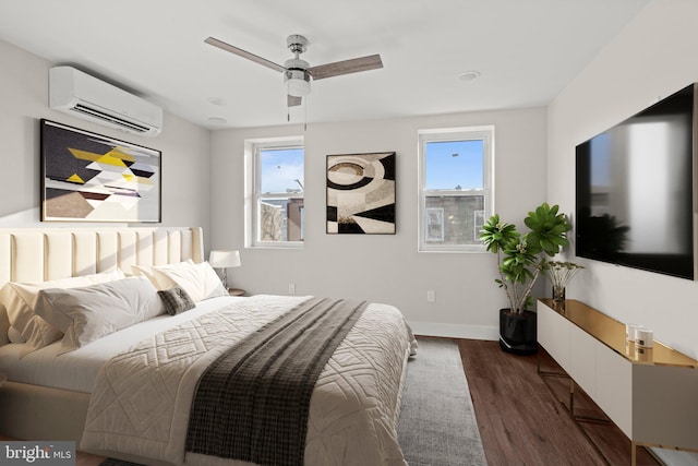 bedroom with dark hardwood / wood-style floors, ceiling fan, and a wall mounted air conditioner