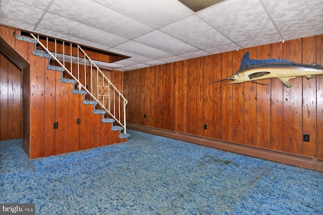 basement with wood walls and carpet floors